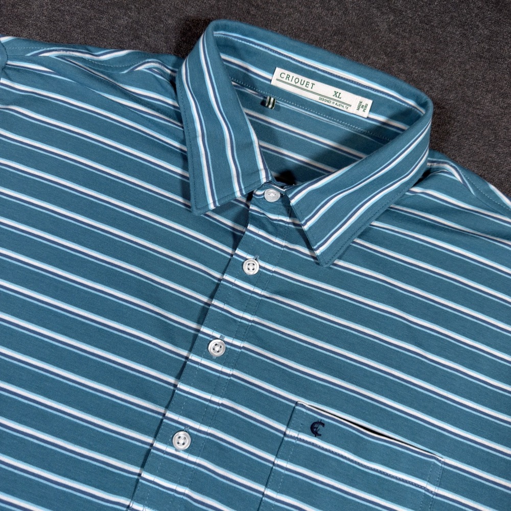 Criquet Polo Shirt Mens XL Blue Striped Pima Cotton Stretch Short Sleeve Pocket